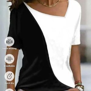 Color Block Casual Regular Fit Square Neck T-Shirt, T-Shirts, color:Black-white|size:XXL, JustFashionNow
