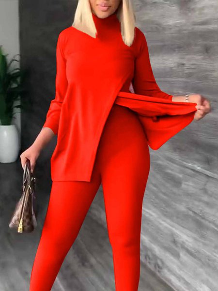 Daily Simple Turtleneck Long sleeve Plain T-Shirt, Tees, color:Red|size:XXL, Stylewe