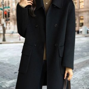 Lapel Collar Long Sleeve Plain Buckle Heavyweight Loose Coat For Women, Coats, color:Black|size:3XL, Noracora