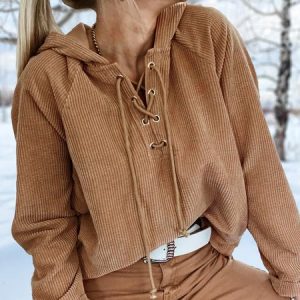 Loose Corduroy Hoodie Sweatshirt, Sweatshirts & Hoodies, color:Camel|size:XXL, JustFashionNow