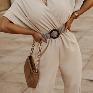 Short Sleeve V Neck Regular Fit Long Party Urban Plain Mid Waist For Women, Jumpsuits&Rompers, color:Apricot|size:XXL, Noracora