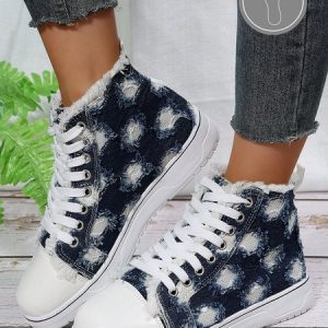 Ripped Denim Raw Trim High Top Canvas Shoes, Sneakers, color:As Picture|size:43, JustFashionNow
