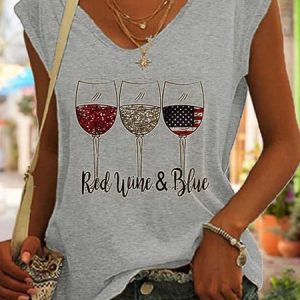Flag Loose Casual V Neck T-Shirt, T-Shirts, color:Gray|size:XXL, JustFashionNow