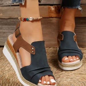 Color Block Ruched Wedge Heel Espadrille Sandals, Sandals, color:Dark Blue|size:42, JustFashionNow