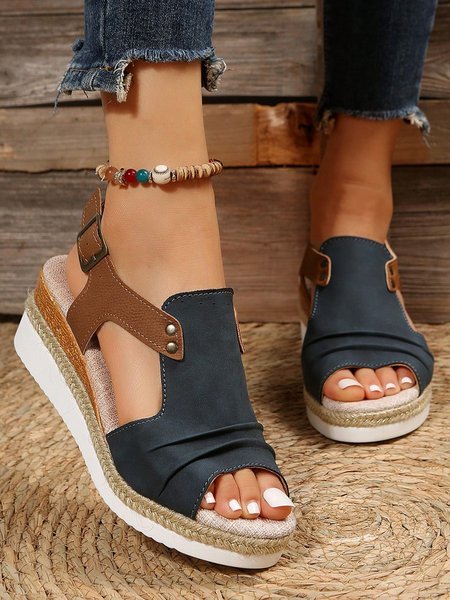 Color Block Ruched Wedge Heel Espadrille Sandals, Sandals, color:Dark Blue|size:42, JustFashionNow