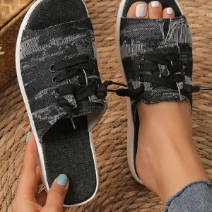 Casual Lace-up Decor Distressed Denim Slide Sandals, Sandals, color:Black|size:43, Noracora