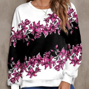 Women's Floral Pattern Gradient Round Neck Long Sleeve Pullover Sweatshirt Casual Daily, Sweatshirts & Hoodies, color:Pink|size:XXL, JustFashionNow