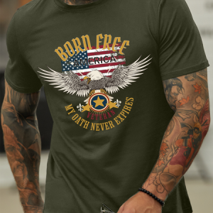 Lilicloth X Paula Born Free America Veteran My Oath Never Expires Men’s Patriotic Casual Cotton T-Shirt, color:Army Green|size:3XL, Lilicloth.com