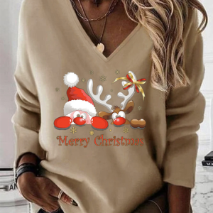 V Neck Christmas Jersey Sweatshirt, Hoodies & Sweatshirts, color:Khaki|size:XXL, Noracora