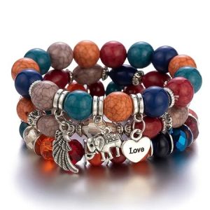 Ethnic Elephant Feather Pattern Crystal Beaded Layered Bracelet Vintage Women's Jewelry, Bracelets, color:Multicolor|size:One-size, JustFashionNow