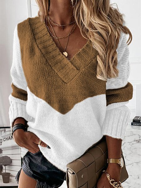 Long Sleeve V Neck Casual Cotton-Blend Sweater, Sweaters, color:Coffee|size:XXL, JustFashionNow