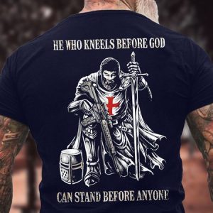 Men's He Who Kneels Before God Can Stand Before Anyone Funny Graphic Printing Loose Cotton Casual Text Letters T-Shirt, T-shirts, Lilicloth.com