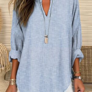 Shirt Collar Loose Casual Cotton And Linen Blouse, Shirts & Blouses, color:Blue|size:XXL, JustFashionNow