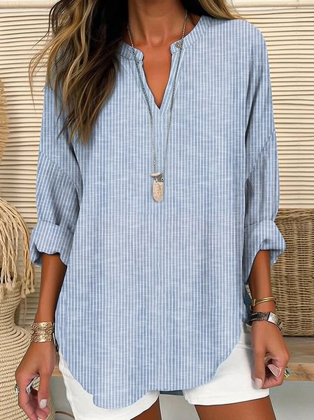 Shirt Collar Loose Casual Cotton And Linen Blouse, Shirts & Blouses, color:Blue|size:XXL, JustFashionNow