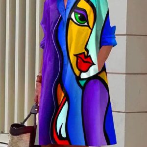 Urban Abstract Print Loose Pocket Stitching Shirt Dress, Midi Dresses, color:As Picture|size:XXL, Stylewe