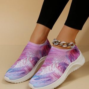 Pink Blue Abstract Graphics Rhinestones Breathable Flyknit Sneakers, Sneakers, color:Pink|size:43, JustFashionNow