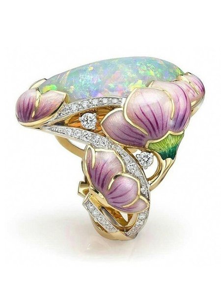 JFN Enamel Opal Painted and Flower Ring, Rings, color:As Picture|size:11, JustFashionNow