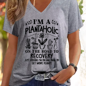 Women's Funny Plant Lady V Neck Casual Regular Fit T-Shirt, T-shirts, Lilicloth.com