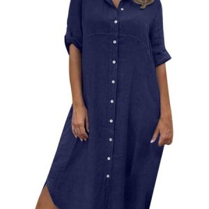 Cotton And Linen Casual Loose Shirt Dress, Dresses, color:Navyblue|size:3XL, JustFashionNow