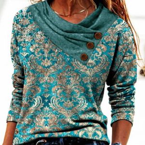 JFN Cross Neck Geometric Long Sleeve Top, Shirts & Blouses, color:Green|size:3XL, JustFashionNow