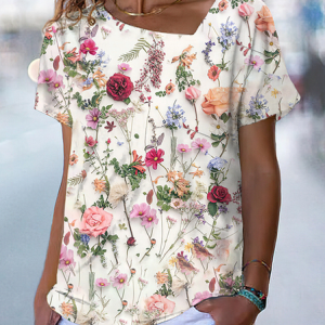 Asymmetrical Loose Floral Casual T-Shirt, T-Shirts, color:White|size:XXL, JustFashionNow