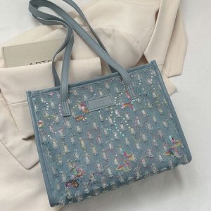Daily Casual Butterfly Pattern Diamond Tote Shoulder Bag, Women's Bags, color:Blue|size:One-size, JustFashionNow