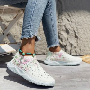 Floral Watercolor Rhinestone Shock Absorbing Flyknit Sneakers, Sneakers, color:Pink|size:42, JustFashionNow