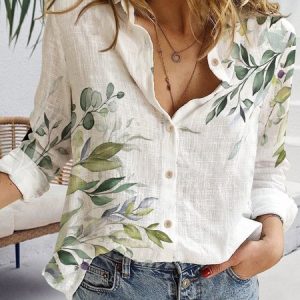 JFN Shirt Collar Casual Leaf Autumn Linen Buttoned Loose Open Front Blouse, Shirts & Blouses, color:Green|size:XXL, JustFashionNow