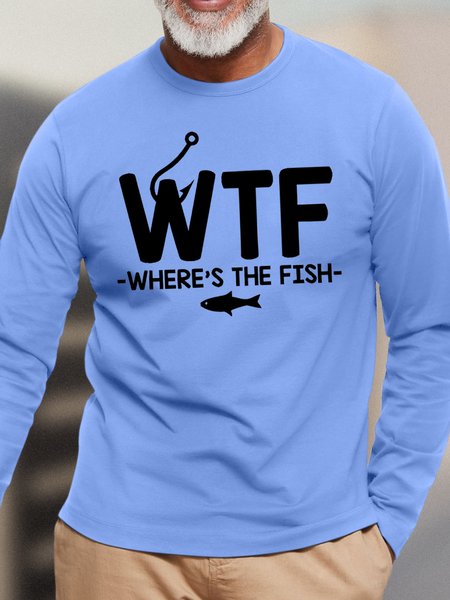 Men's Funny WTF Where Is The Fish Graphic Printing Cotton Loose Text Letters Casual Top, color:Blue|size:3XL, Lilicloth.com