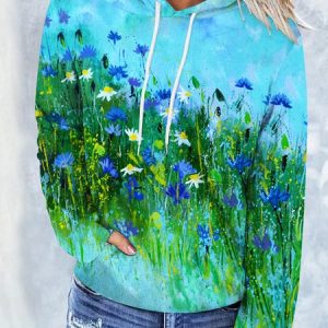 Casual Crew Neck Floral Hoodie, Hoodies & Sweatshirts, color:Cyan|size:XXL, Noracora