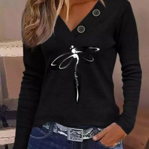 V Neck Casual Loose Dragonfly T-Shirt, T-Shirts, color:Black|size:XXL, JustFashionNow