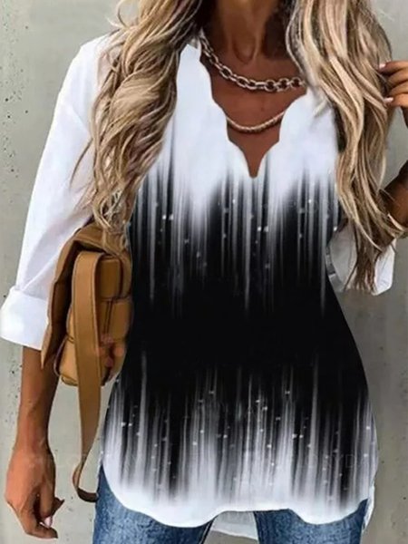 JFN V Neck Casual Ombre Blouse, Shirts & Blouses, color:Black-white|size:XXL, JustFashionNow