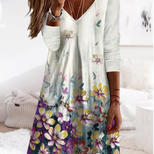 Floral V Neck Casual Loose Dress, Dresses, color:Multicolor|size:XXL, JustFashionNow
