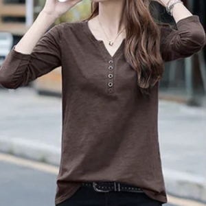 Notched Long Sleeve Plain Buckle Regular Micro-Elasticity Loose Shirt For Women, Blouses, color:Coffee|size:3XL, Noracora