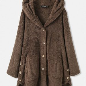 Hoodie Long Sleeve Plain Buckle Regular Medium Elasticity Loose Teddy Jacket For Women, Coats, color:Coffee|size:3XL, Noracora