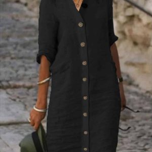 Women Casual Plain Cotton Daily Loose Buttons Three Quarter Sleeve Regular Midi Dress, Midi, color:Black|size:XXL, Noracora