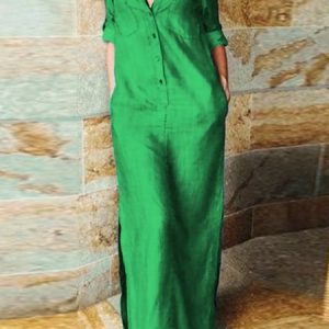 Daily Shirt Collar Loose Plain Urban Dress, Maxi Dresses, color:Green|size:XS, Stylewe