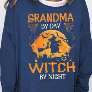 Women's Grandma my day Witch by night Halloween Letters Casual Crew Neck Sweatshirt, color:Dark Blue|size:3XL, Lilicloth.com