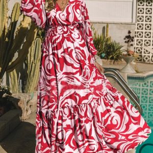 Floral Boho Loose Long sleeve H-Line Dresses for Women, Maxi, color:Red|size:XXL, Noracora