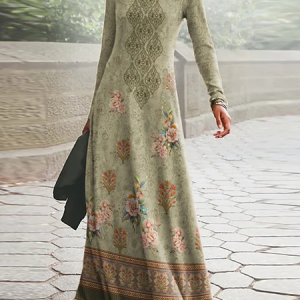 Women Floral Pattern Crew Neck Long Sleeve Comfy Casual Maxi Dress, Maxi, color:Lightgreen|size:XXL, Noracora