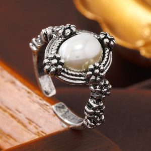 Imitation Pearl Flower Adjustable Vintage Ring, Rings, color:As Picture|size:One-size, JustFashionNow