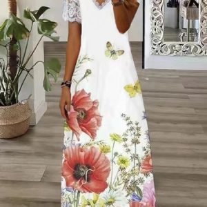 Woman Trendy Urban Floral Print V-Neck Dress, Dresses, color:Red|size:XXL, JustFashionNow