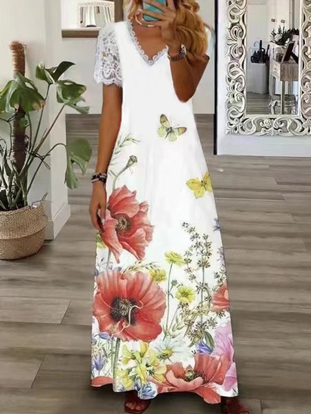 Woman Trendy Urban Floral Print V-Neck Dress, Dresses, color:Red|size:XXL, JustFashionNow