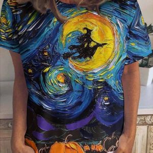 Women's Halloween Funny Painting Witch Pumpkin Starry Night Loose Simple T-shirt, color:As Picture|size:3XL, Lilicloth.com