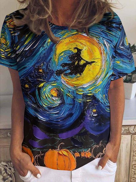 Women's Halloween Funny Painting Witch Pumpkin Starry Night Loose Simple T-shirt, color:As Picture|size:3XL, Lilicloth.com