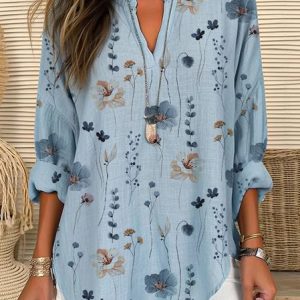 Shirt Collar Long Sleeve Floral Regular Loose Blouse For Women, Shirts, color:Blue|size:XXL, catalog Noracora shop