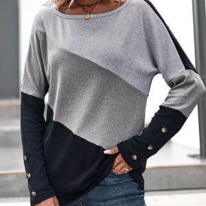Color Block Button Detail Dolman Sleeve Tee, T-Shirts, color:Black-grey|size:XXL, JustFashionNow
