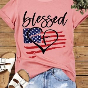 WomenвЂs Cotton American Flag Cute July 4th Independence Day Patriotic Casual Letters T-Shirt, T-shirts, Lilicloth.com