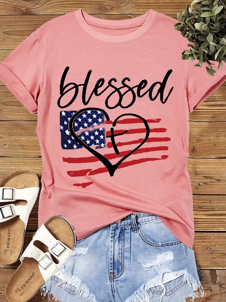 Women‘s Cotton American Flag Cute July 4th Independence Day Patriotic Casual Letters T-Shirt, color:Pink|size:3XL, Lilicloth.com