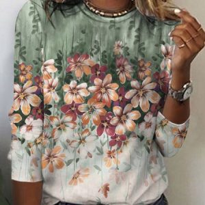 Casual Loose Crew Neck Floral T-Shirt, T-Shirts, color:Multicolor|size:XXL, JustFashionNow